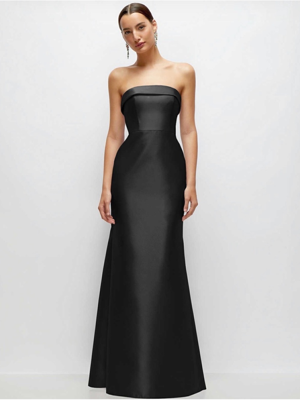 ALFRED SUNG Strapless Black Satin Evening Gown